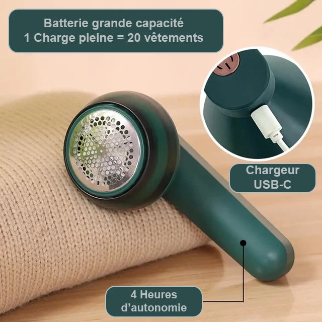 Rase bouloches. Déboulocheur. Grande autonomie de quatre heures grâce a sa grosse batterie et charge rapide grâce au port USB C