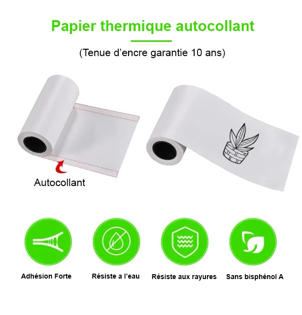 Zoom sur le papier thermique autocollant. Forte adhésion. Résiste a l'eau. Résiste aux rayures. Sans bisphénol A. Impressions garanties 10 ans
