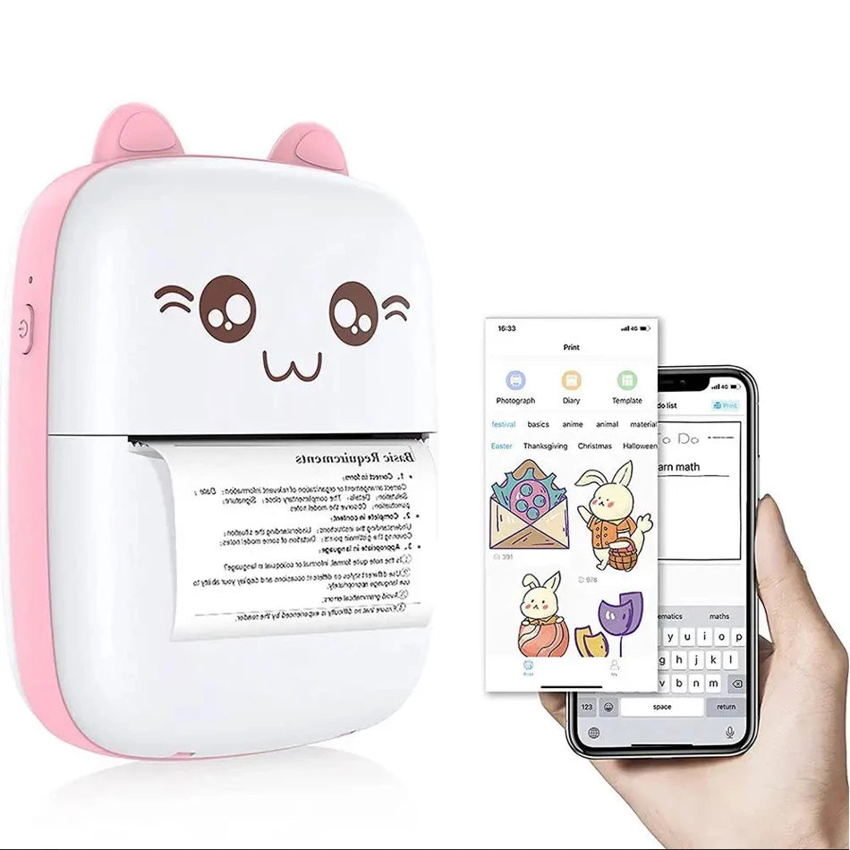 Mini imprimante thermique. La blanche oreilles roses. Démonstration d'impression avec l'application