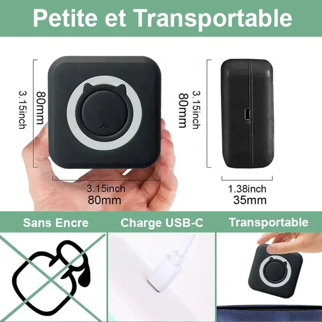 Mini imprimante portable. La noire. Les dimensions. La taille. Petite et transportable