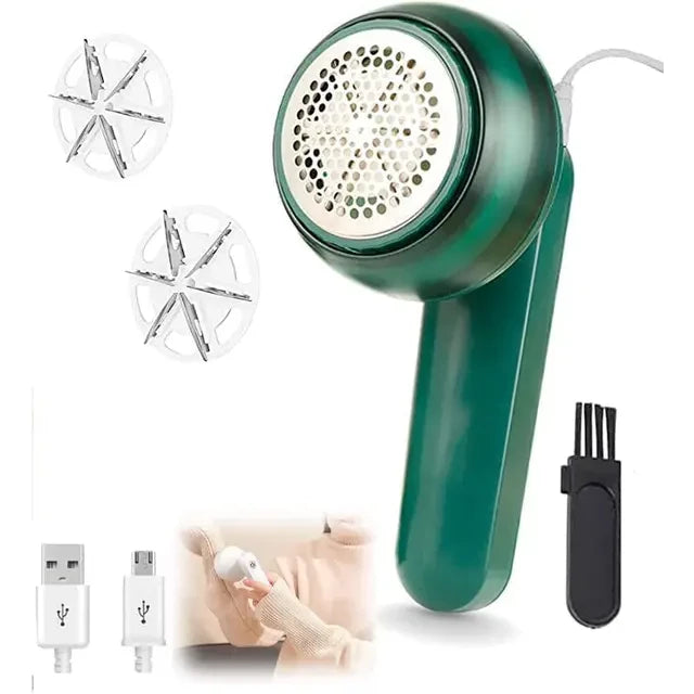 Rase bouloches. Gros plan, zoom sur fond blanc et tous les accessoires fournis avec autour. Brosse, câble USB-C, carton d'emballage, notice et lames de rechanges. Et démonstration sur pull en coton beige