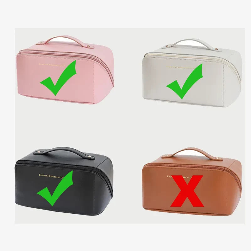 Trousse cosmétique. Les 3 couleurs disponibles, rose, blanche et noire. La marron n'est pas disponible, normale elle n'est pas belle du tout en marron