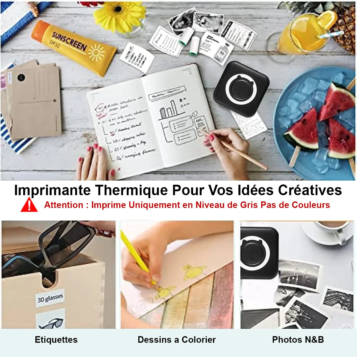 Imprimante thermique portable pour vos idées créatives....Etiquettes, dessins a colorier, photos en noirs et blanc, etc, etc, etc.....