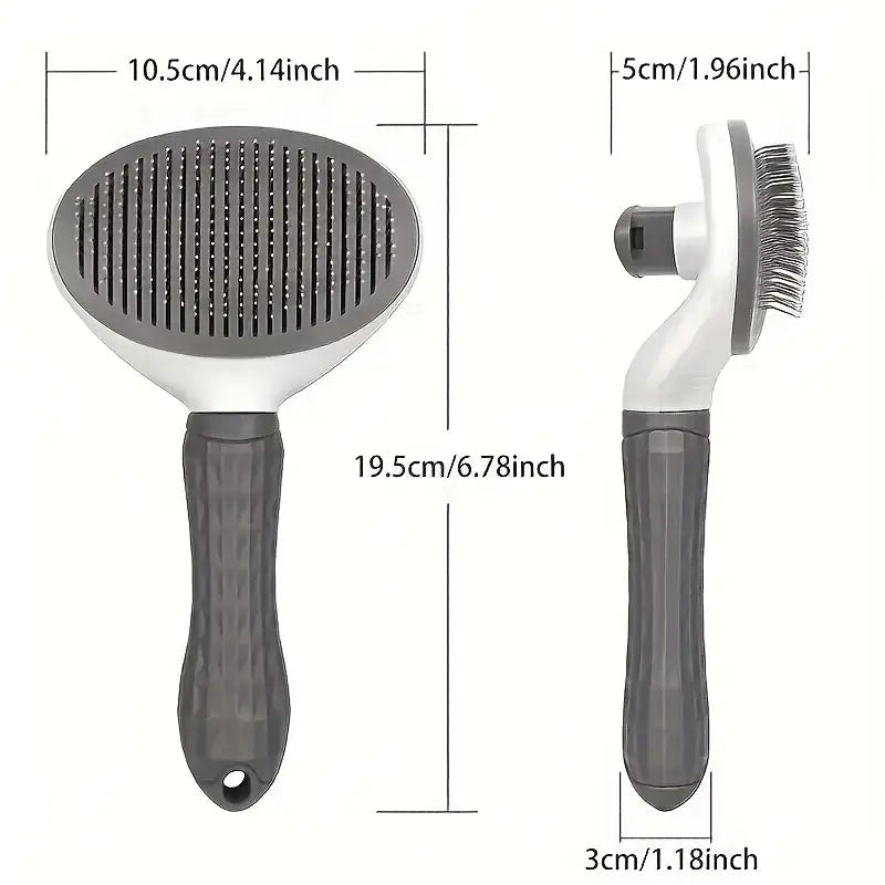 Brosse de toilettage auto nettoyante. Les dimensions de face et de profil ! Longueur totale = 19.5 cm. Largeur du plateau 10.5 cm