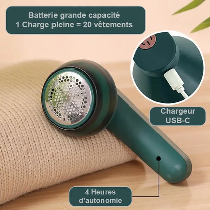 Rase bouloches. Déboulocheur. Grande autonomie de quatre heures grâce a sa grosse batterie et charge rapide grâce au port USB C