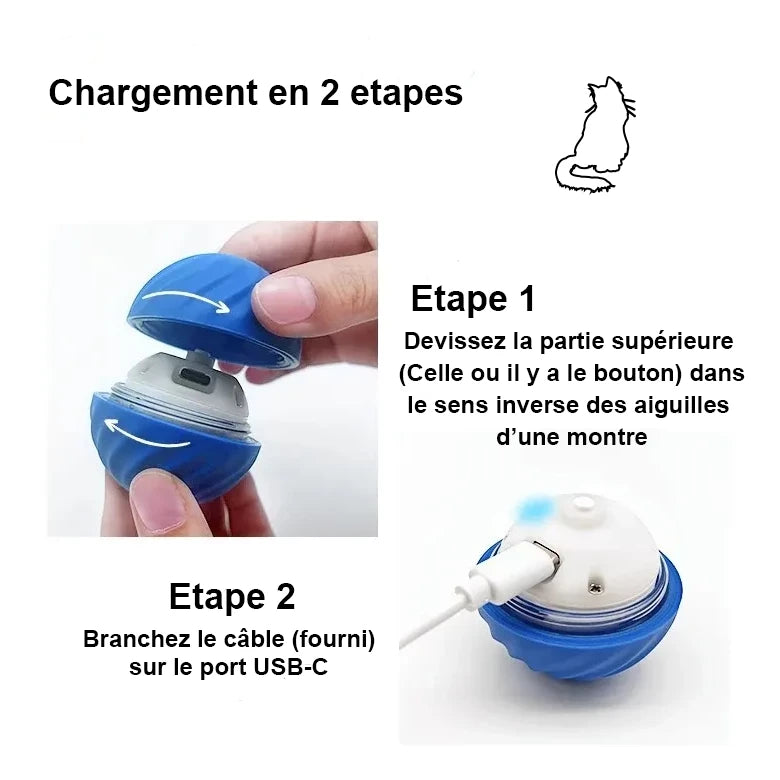 Balle gravitationnelle rebondissante - Chargement en 2 étapes. Etapes 1 dévissez la partie supérieure (celle ou il y a le bouton) dans le sens inverse des aiguilles d'une montre. Etape 2 branchez le câble (fourni) sur le port USB type C