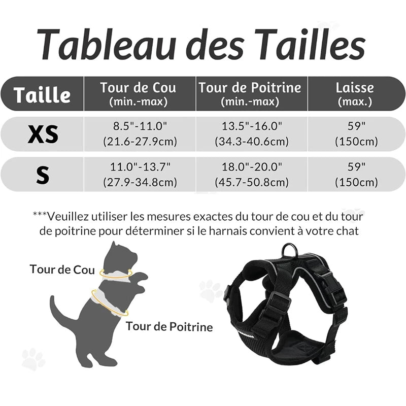 Harnais pour chat ou petit chien. Tableau des tailles pour les tailles XS et S