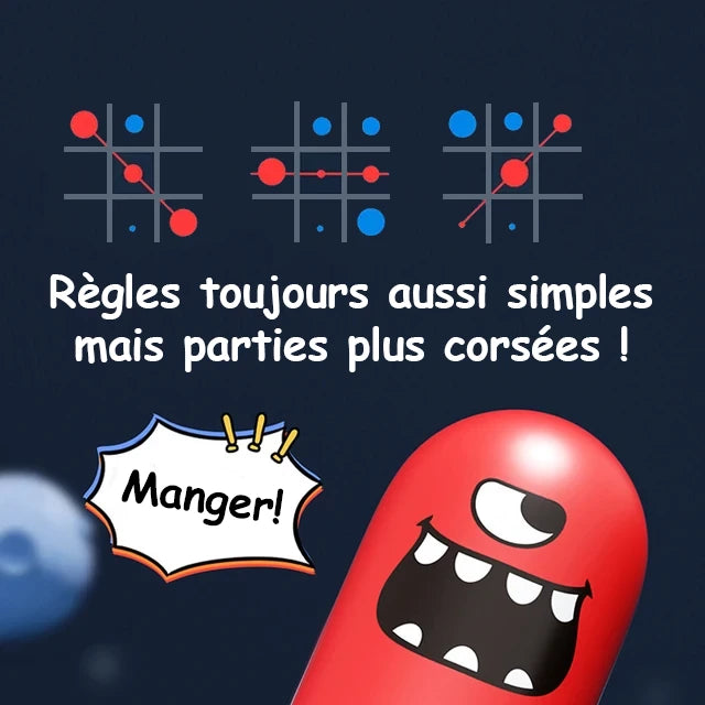 Jeu de morpion revisité. Règles toujours aussi simples mais parties plus corsées ! Petit tableau de démonstration