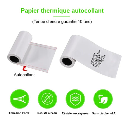 Zoom sur le papier thermique autocollant. Forte adhésion. Résiste a l'eau. Résiste aux rayures. Sans bisphénol A. Impressions garanties 10 ans