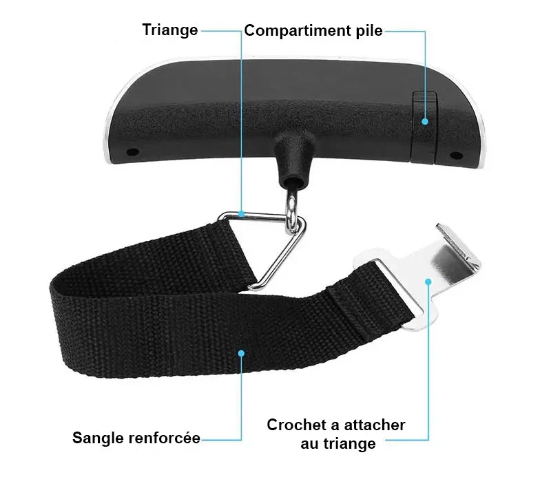 Pèse bagages de voyage électronique. Image visuel du compartiment pile, de la sangle, du triangle et du crochet de maintient