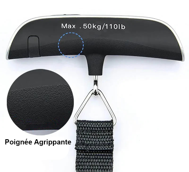 Pèse bagages de précision. Poignée agrippante. Poids maximum 50 kilogrammes. Poids maximum 110 livres