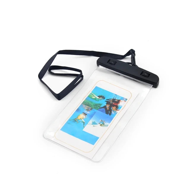 Pochette étanche noire pour smartphone sur fond blanc. Transparente. Pour iPhone, Samsung, Huawey, Google Pixels, Redmi, etc, etc....