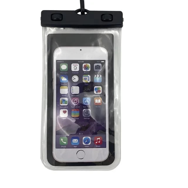 Pochette étanche noire pour smartphone. Présentée avec un iPhone Apple blanc a l'intérieur