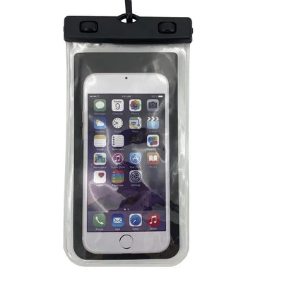 Pochette étanche noire pour smartphone. Présentée avec un iPhone Apple blanc a l'intérieur