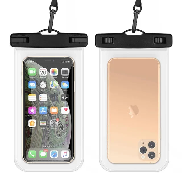 Pochette étanche noire pour smartphone. Vue de face et de dos en gros plan avec a l'intérieur un iphone dernière génération