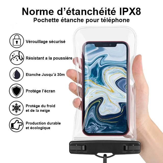 Norme d'étanchéité IPX8. Verrouillage sécurisé. Résiste a la poussière. Etanche 30 mètres. Protège l'écran.  Protège du froid et de la neige. Production écologie durable