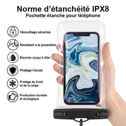 Norme d'étanchéité IPX8. Verrouillage sécurisé. Résiste a la poussière. Etanche 30 mètres. Protège l'écran.  Protège du froid et de la neige. Production écologie durable