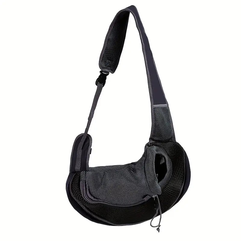 Sac de transport pour animaux en bandoulière noir et gris. Le sac entier en gros plan sur fond blanc