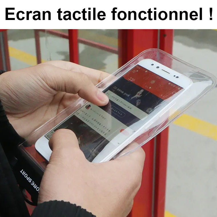 Pochette étanche pour smartphone. Ecran tactile fonctionnel au travers de la membrane transparente